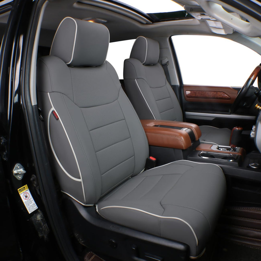 EKR custom-fit seat covers for F-150 SuperCrew gray close-up of premium leatherette texture