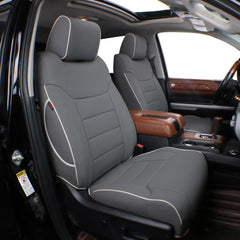 EKR custom-fit seat covers for F-150 SuperCrew gray close-up of premium leatherette texture
