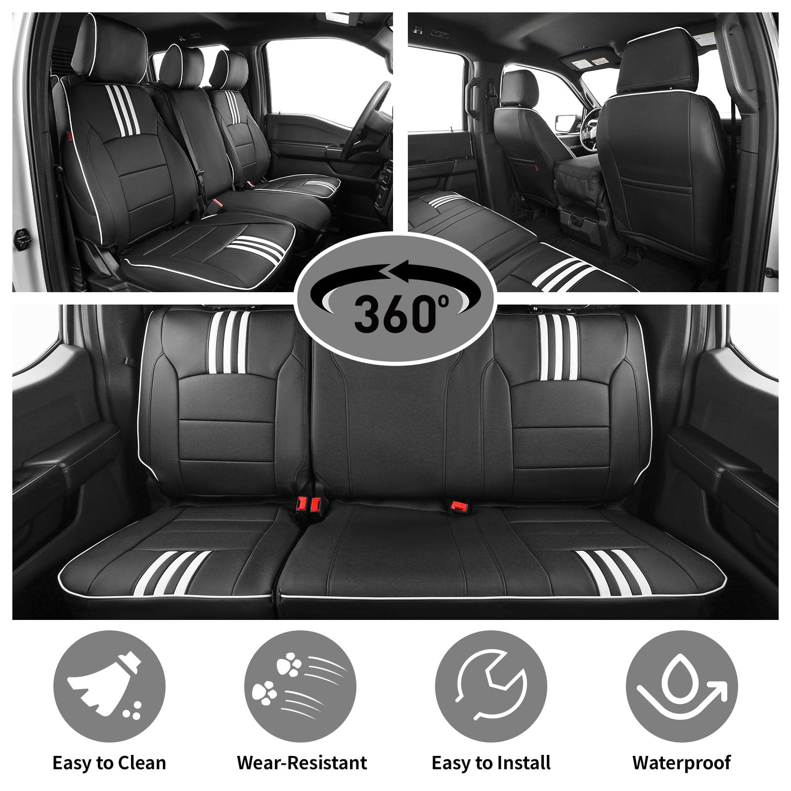 EKR black with white trim faux leather seat cover enhances interior style.