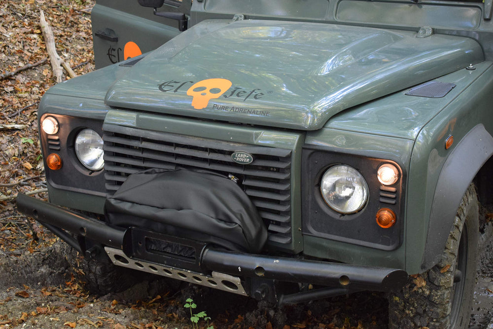 EL JEFE all-season winch cover on ATV and jeep shows versatile use.