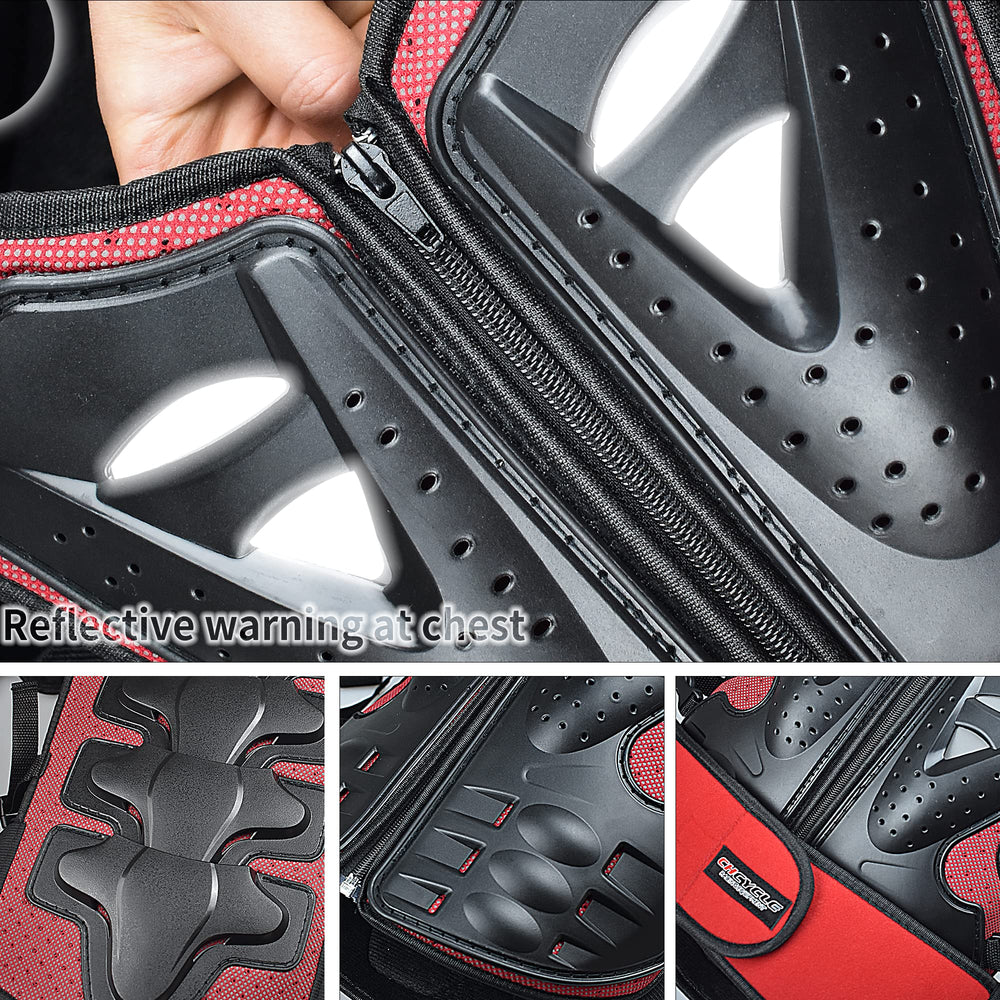 ElCYCO chest protector close-up highlighting breathable PE shell and reflective stripe.