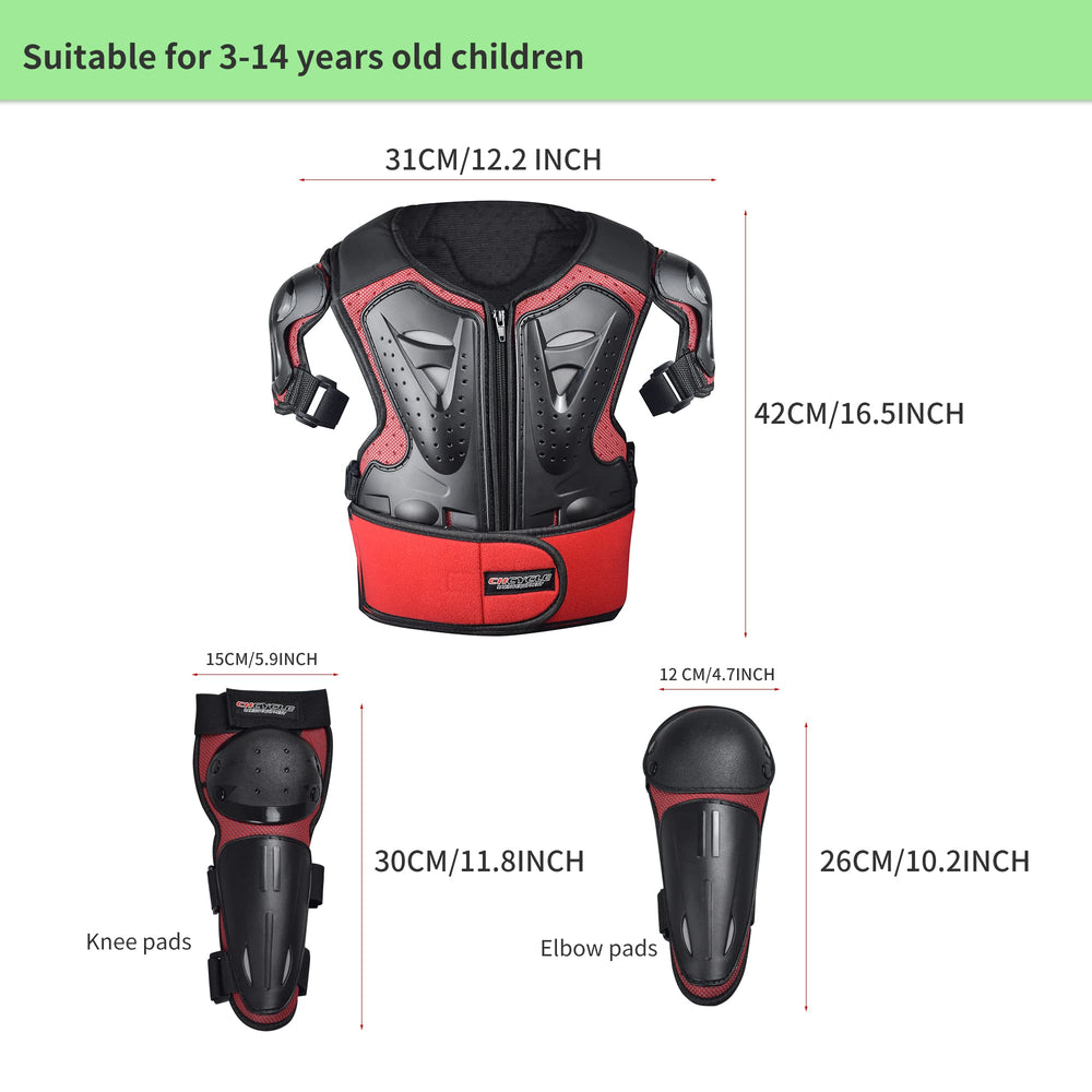 ElCYCO kids motorcycle armor suit back view with adjustable waist strap for comfortable fit.