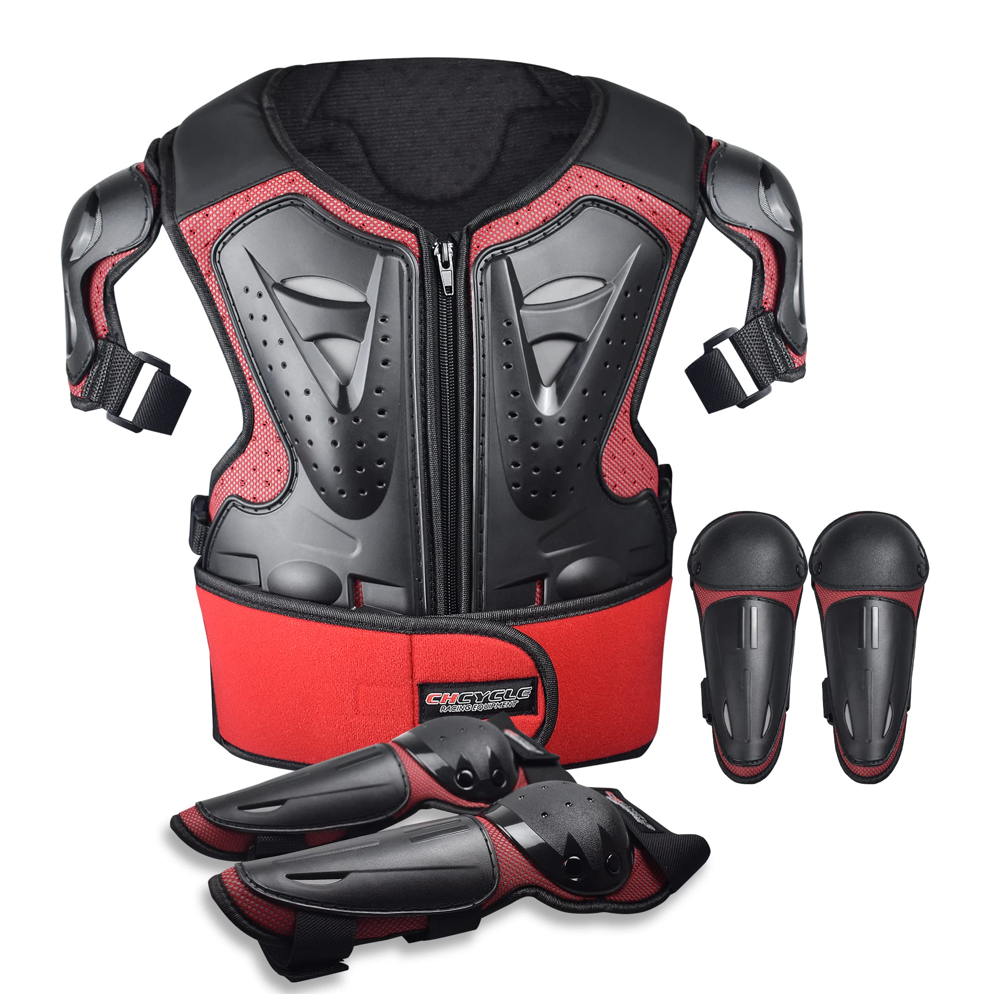 ElCYCO kids motorcycle armor suit front view showing chest protector and straps for safety.