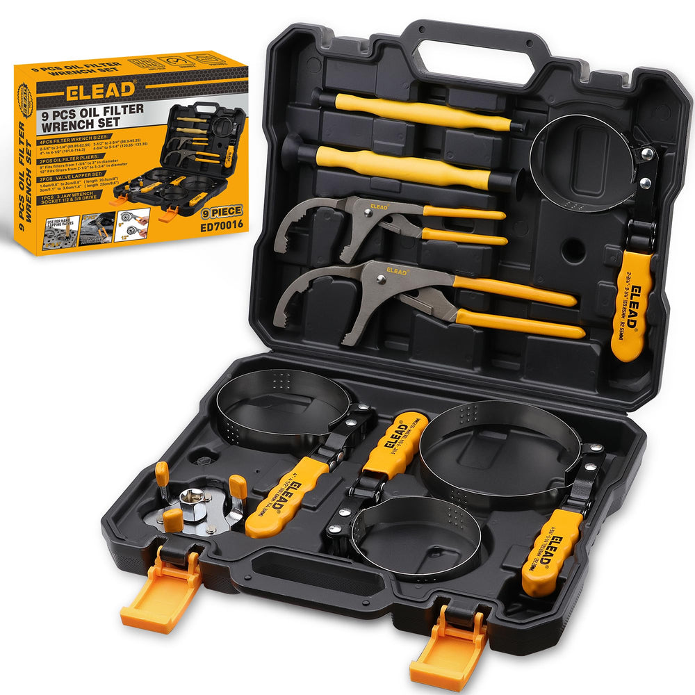 ELEAD 9-piece oil filter wrench set in a carrying case for organized storage.