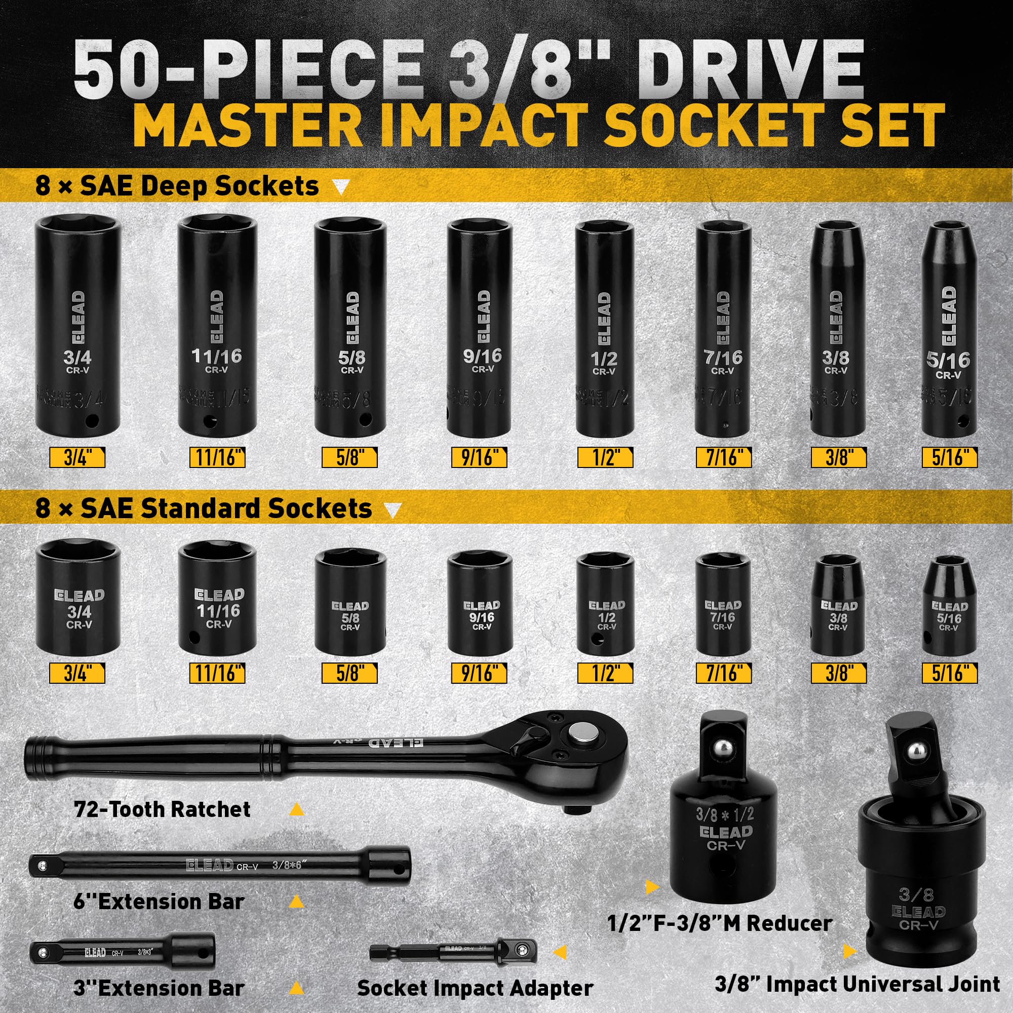 ELEAD deep-socket-closeup showing 6-point design and durable CR-V steel construction