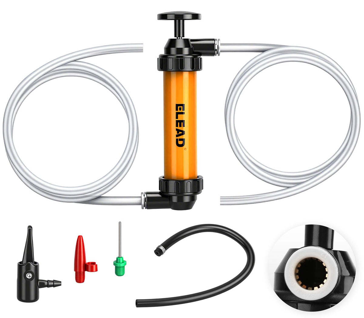 ELEAD gas siphon pump quick-transfer shows fast fuel movement with minimal spills.