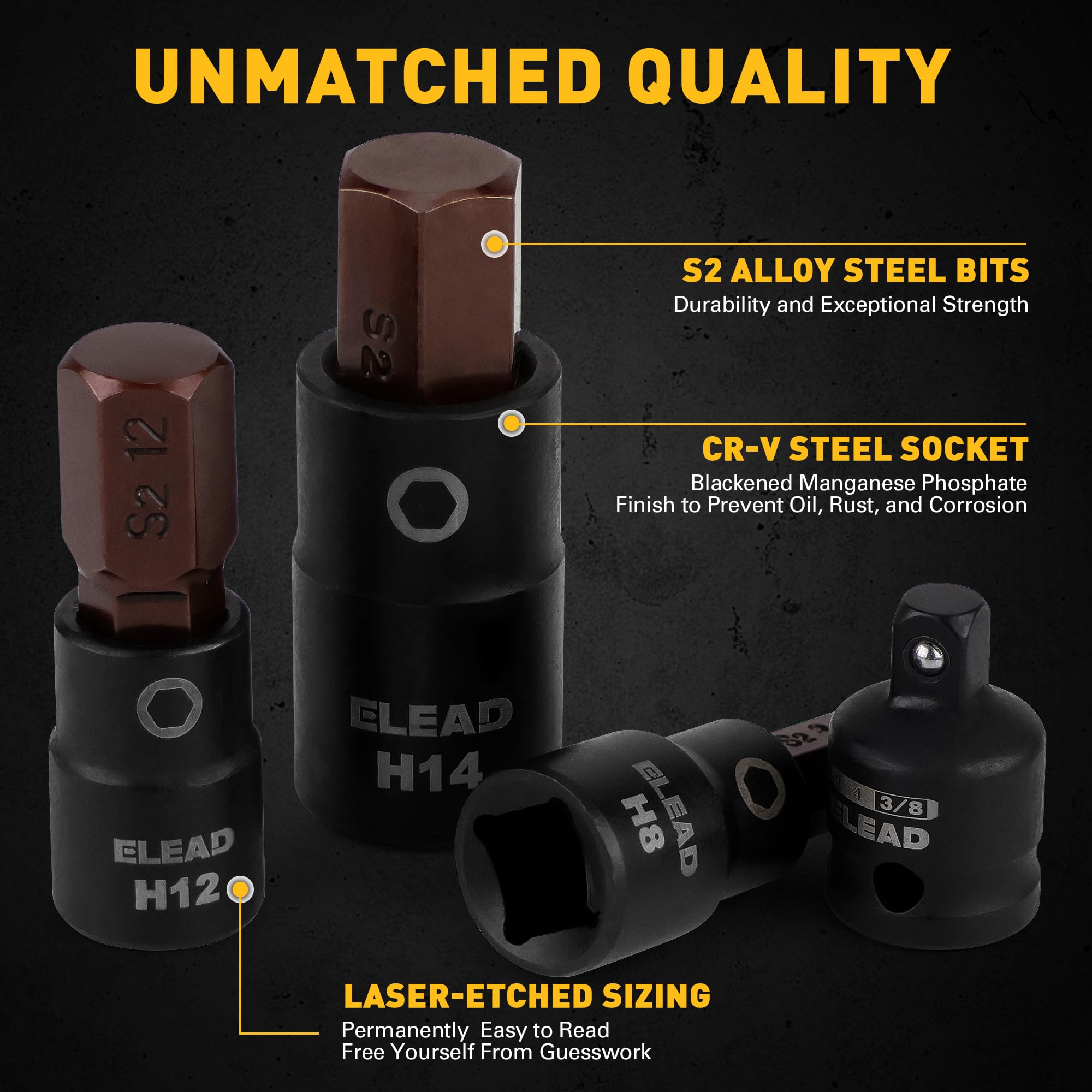 ELEAD laser-etched size markings for fast identification and accuracy