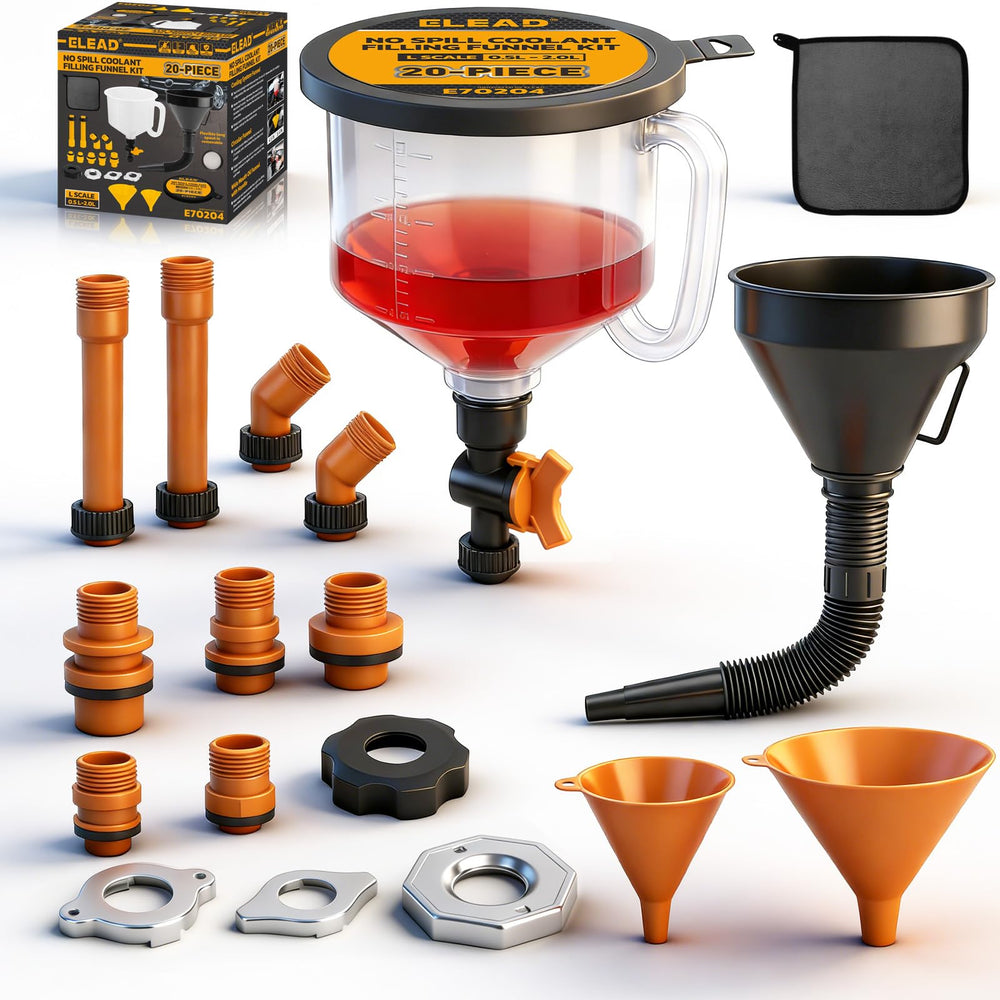 ELEAD no-spill coolant funnel kit assembly for a clean, spill-free refill