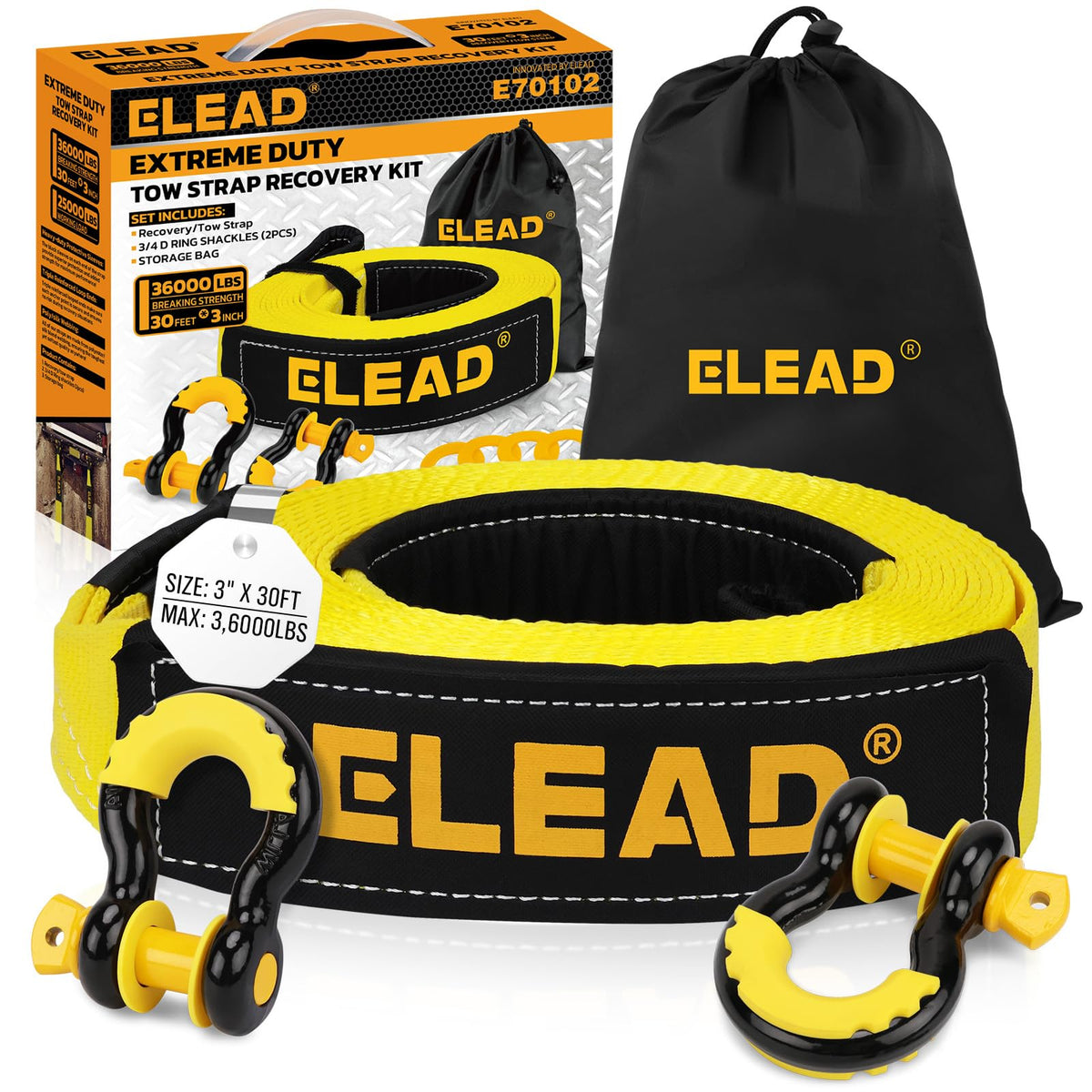 ELEAD recovery tow strap 3in 30ft ready for truck and SUV recoveries