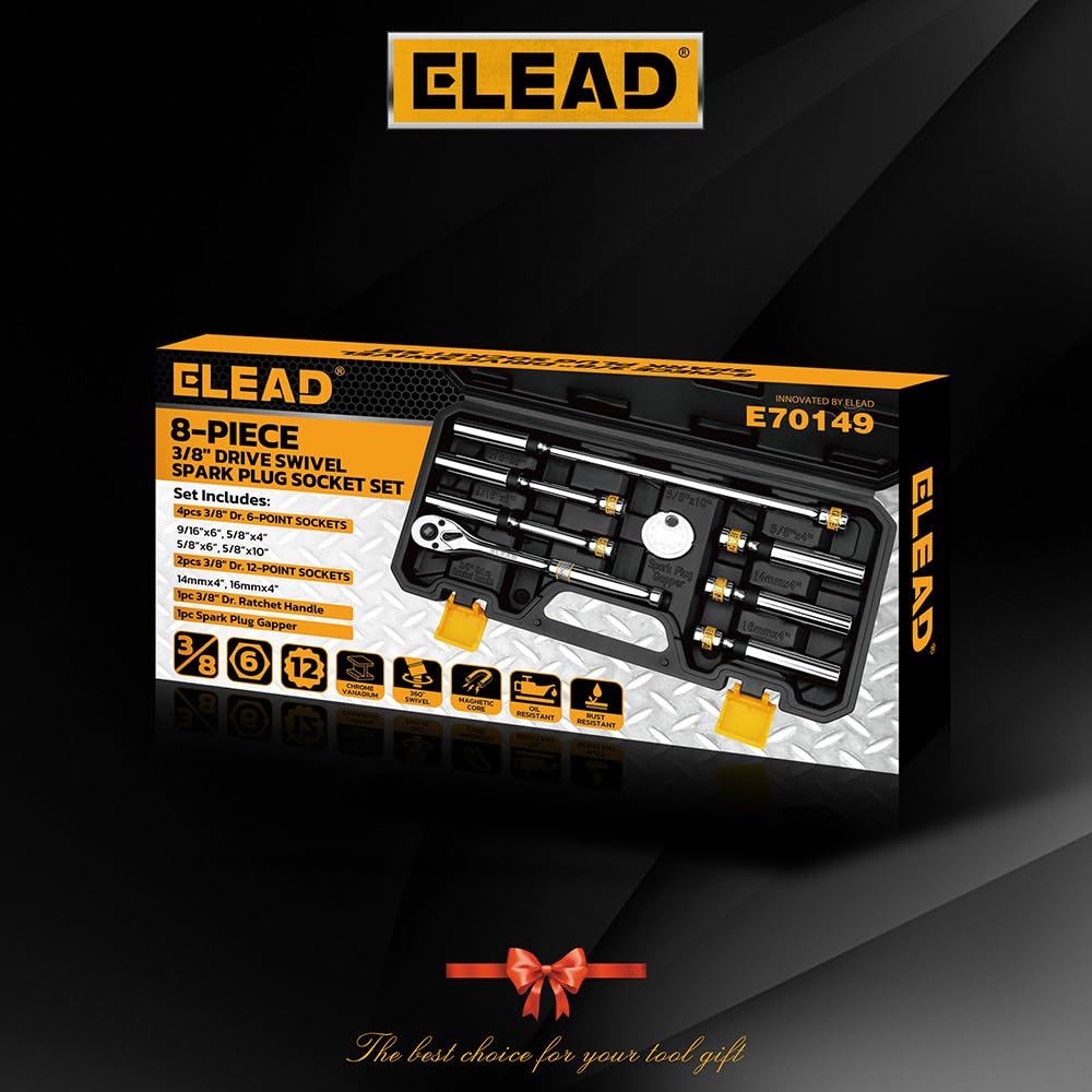 ELEAD spark plug socket 9-16 in provides firm grip in tight spaces.