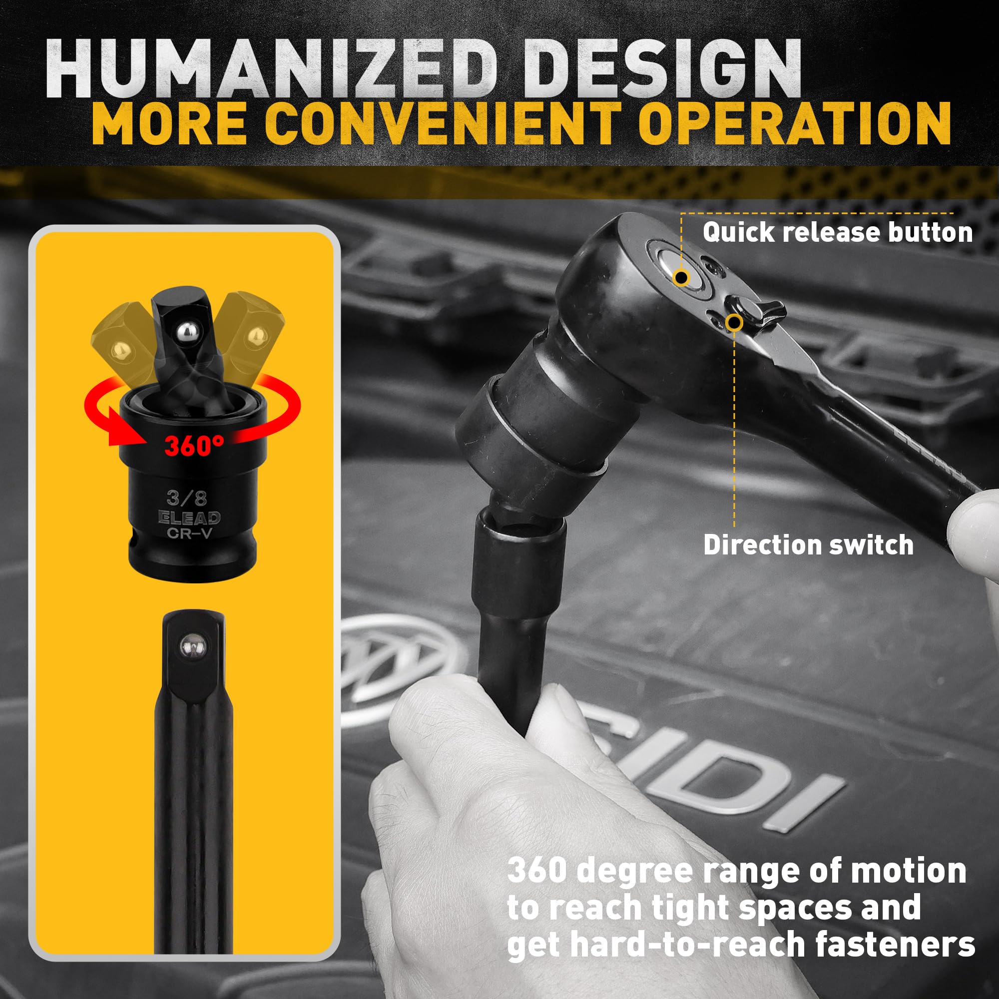 ELEAD universal-joint-and-extensions highlighting versatile reach and flexible reach advantage