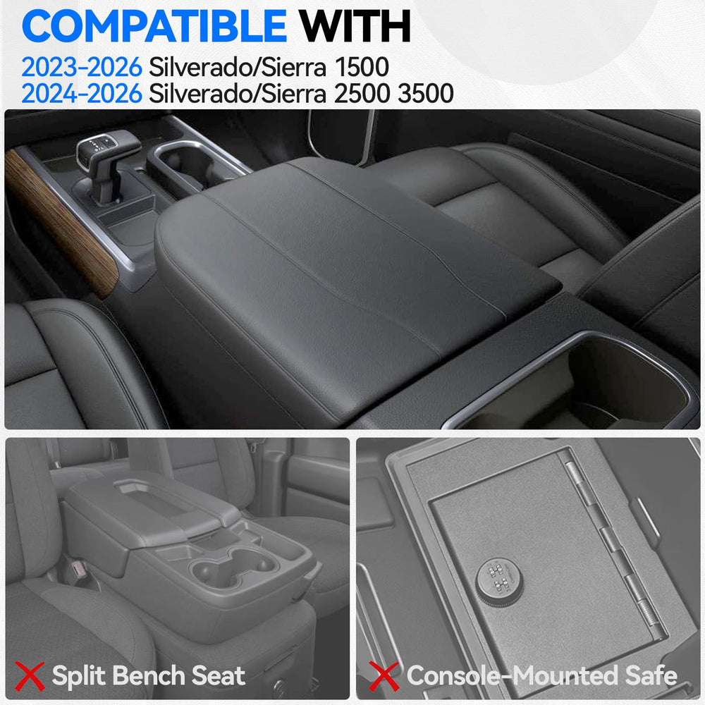 ELECFRESH armrest storage box within bucket-seat console keeps items reachable.