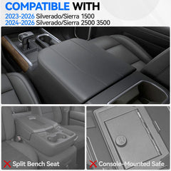 ELECFRESH armrest storage box within bucket-seat console keeps items reachable.