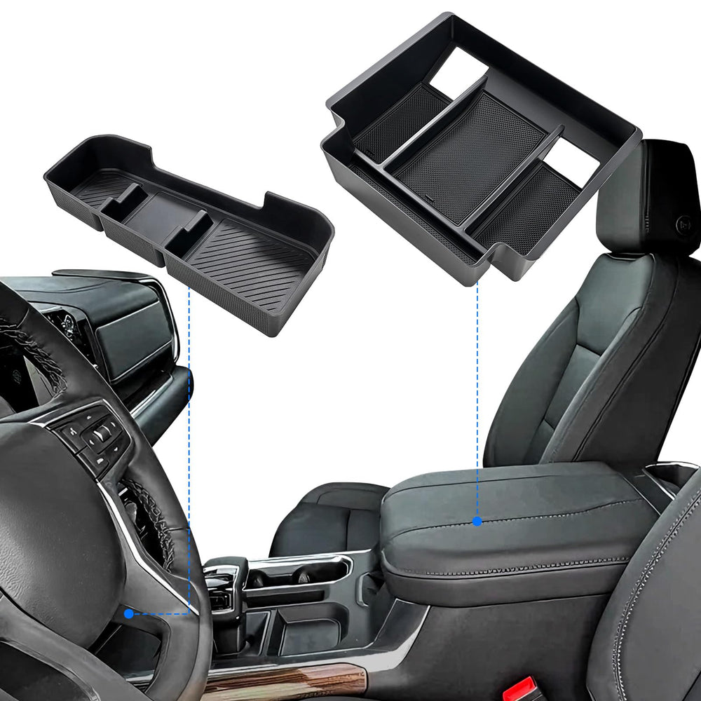 ELECFRESH center console tray organized for Silverado/Sierra interiors.