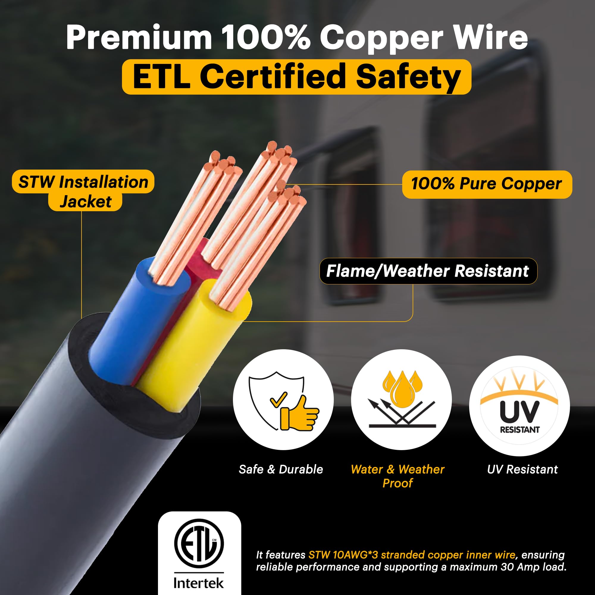 ELECTERY 10 AWG copper wiring minimizes voltage drop for reliable performance.