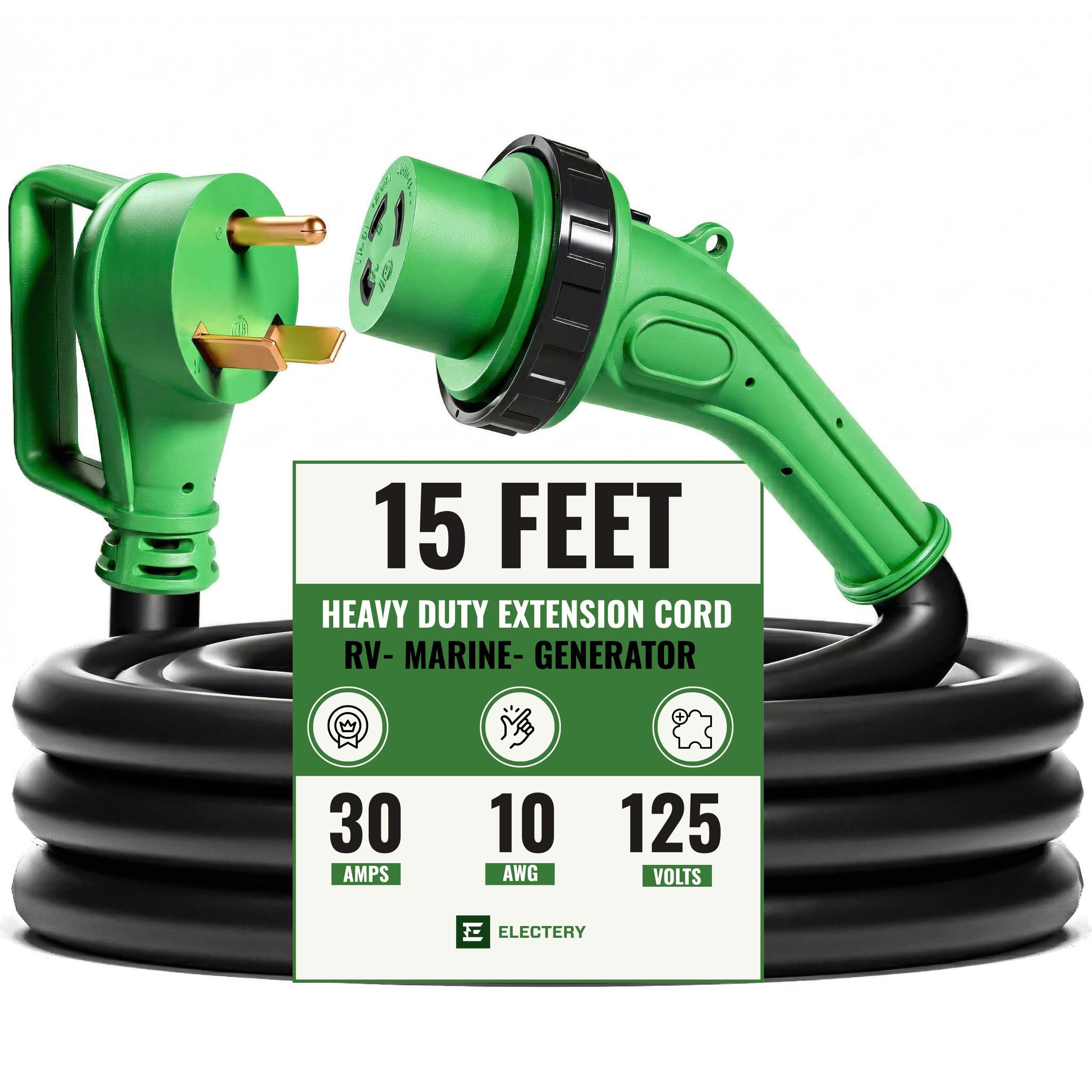 ELECTERY 30A extension cord with twist-lock keeps RV connections secure for outdoor use.