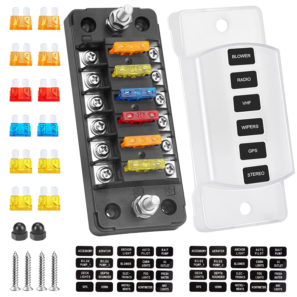 ELECTOP 6-way fuse box with cover for organized circuits and splash protection.