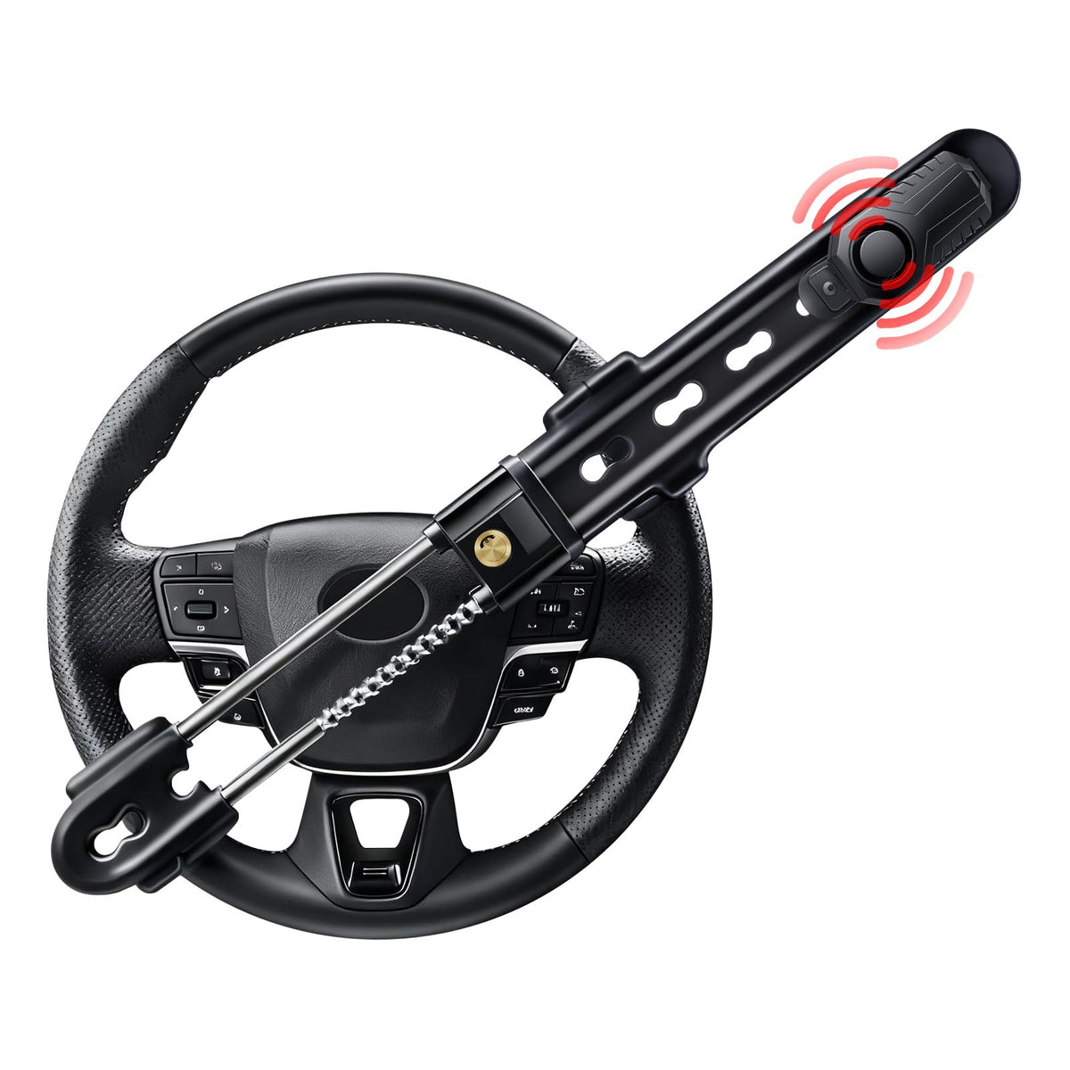 Electop steering lock with 113dB alarm in action to deter theft