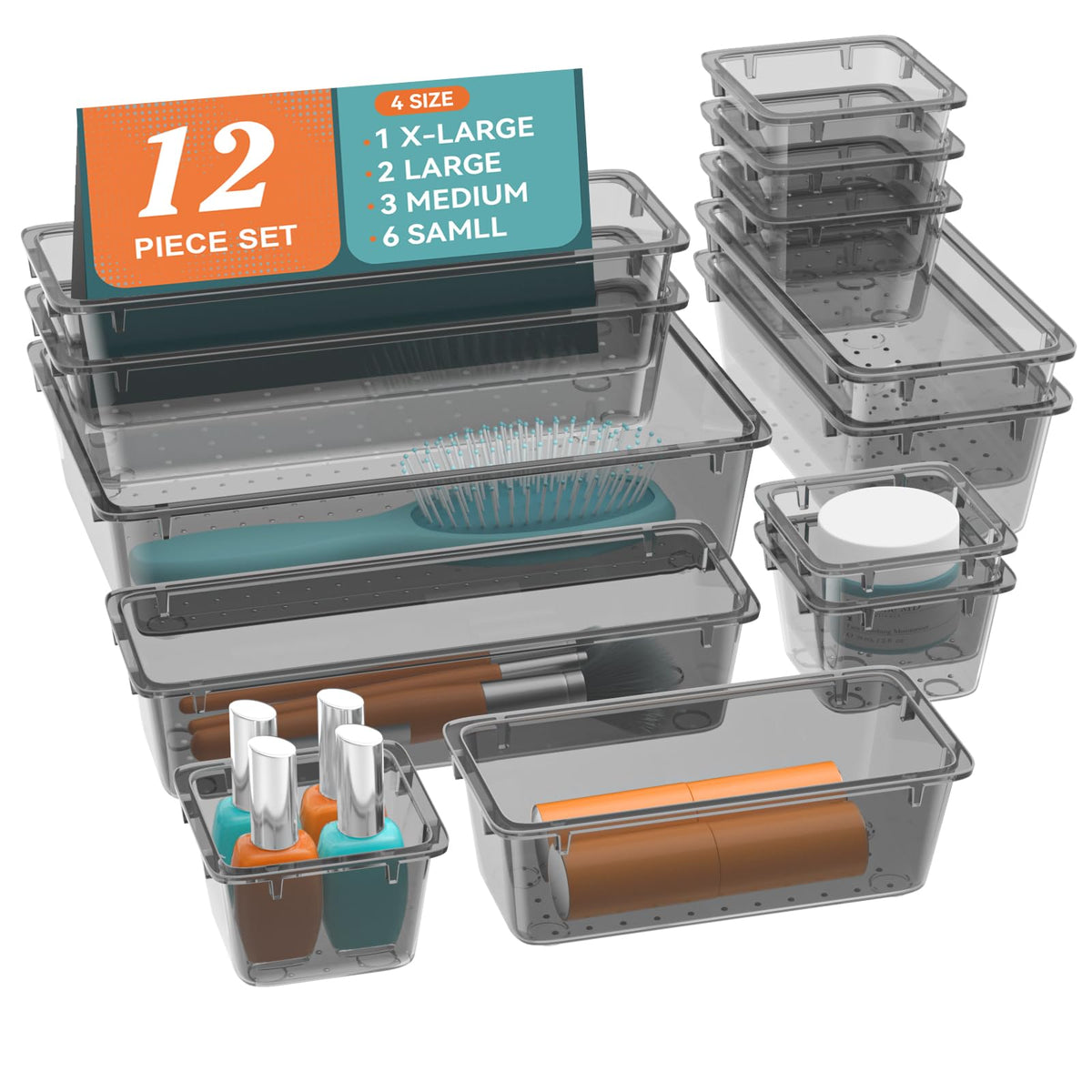 ElegantArray 12-piece drawer organizer set shows divided compartments for cosmetics and small items.
