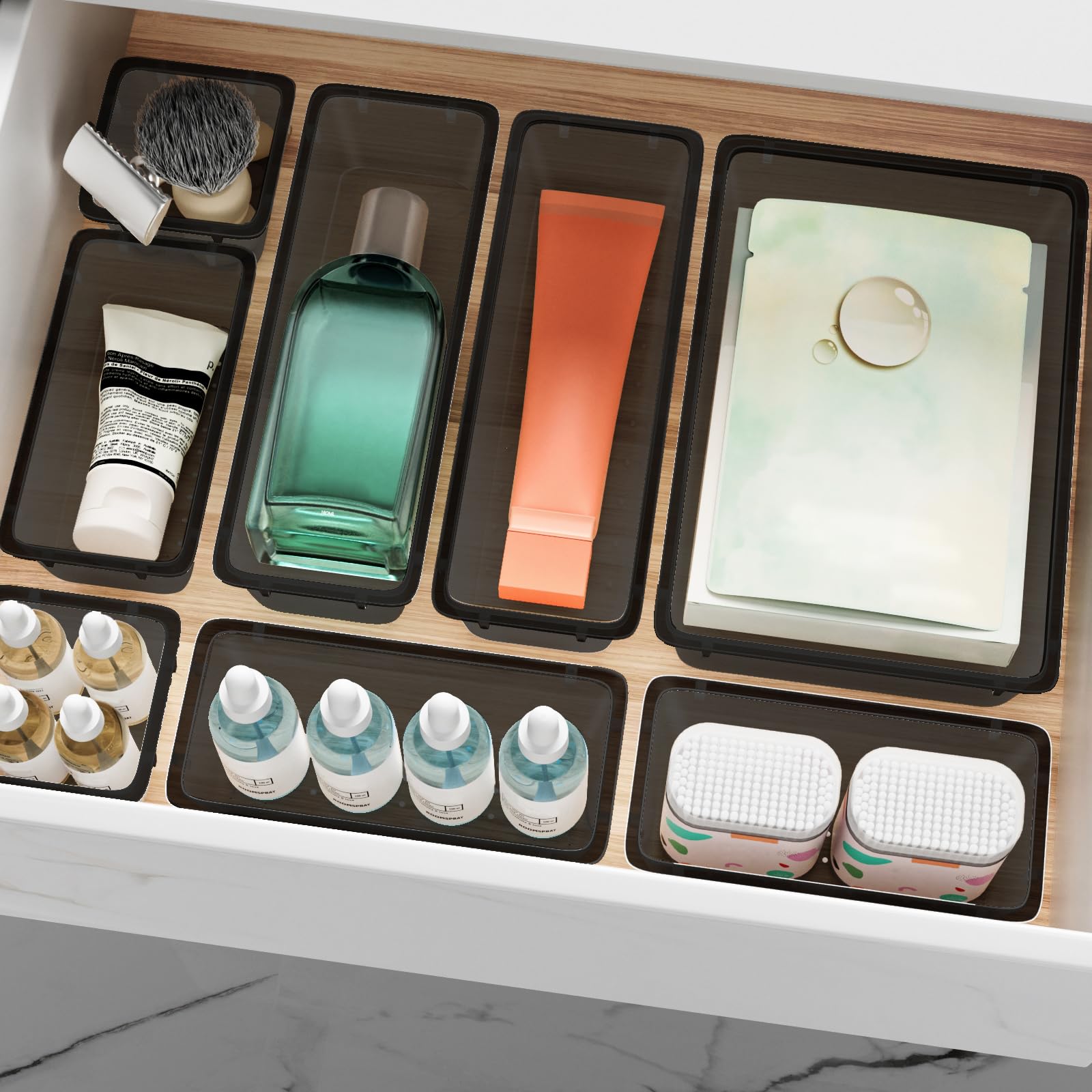 ElegantArray black finish drawer organizer adds a sleek, tidy look.
