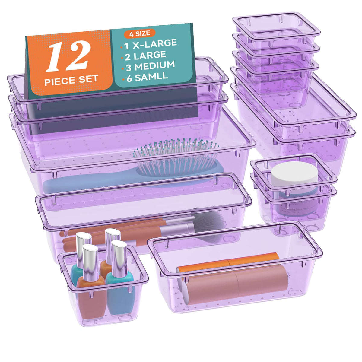 ElegantArray 12-piece drawer organizer in purple for neat vanity storage.