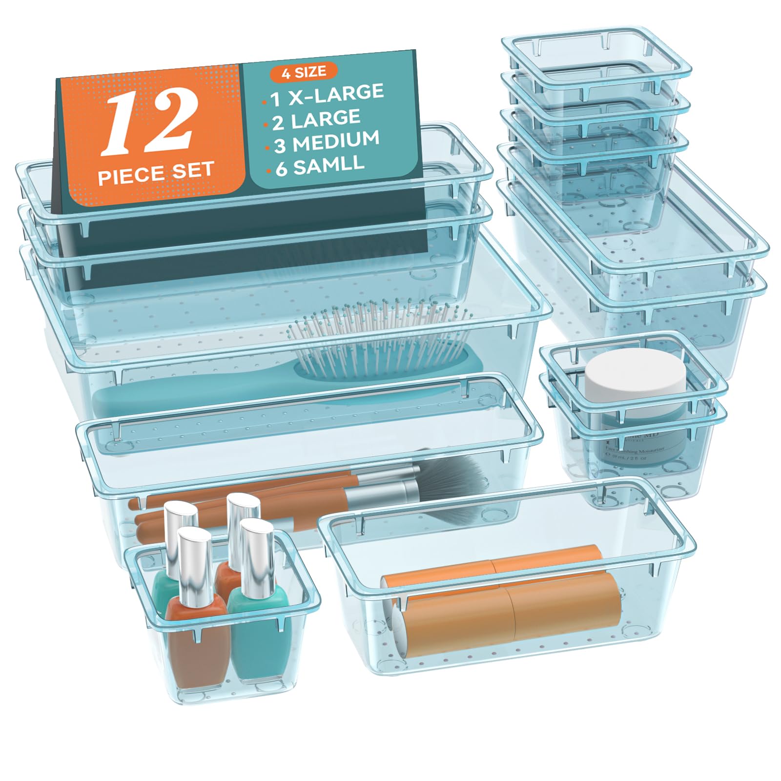 ElegantArray 12-piece drawer organizer set in sea blue keeps cosmetics neatly arranged.