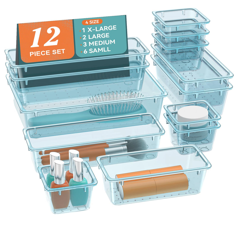 ElegantArray 12-piece drawer organizer set in sea blue keeps cosmetics neatly arranged.