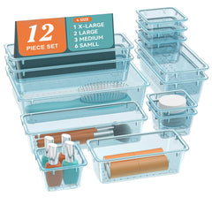 ElegantArray 12-piece drawer organizer set in sea blue keeps cosmetics neatly arranged.