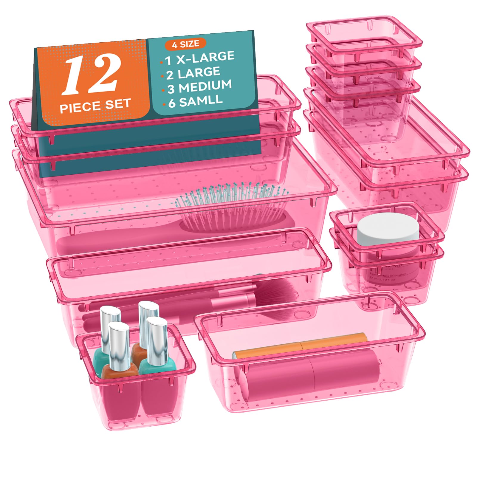ElegantArray drawer organizer set with four sizes, perfect for tidying vanity and drawers.