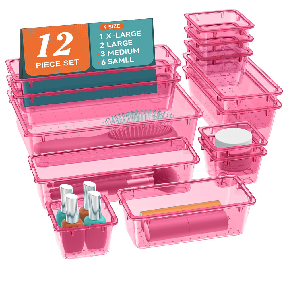 ElegantArray drawer organizer set with four sizes, perfect for tidying vanity and drawers.