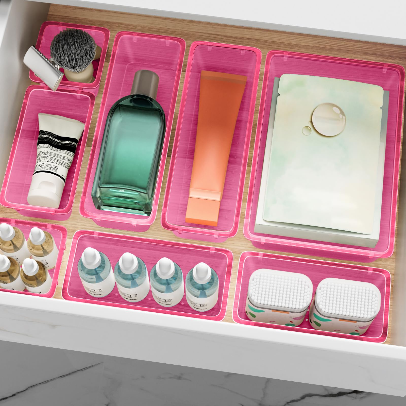 ElegantArray pink clear plastic organizers add color while keeping contents visible.