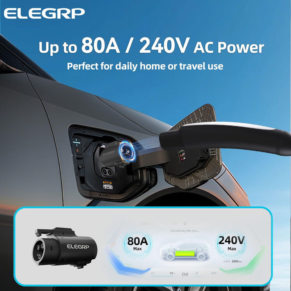 ELEGRP NACS to J1772 adapter 80A rating label highlights high-power performance