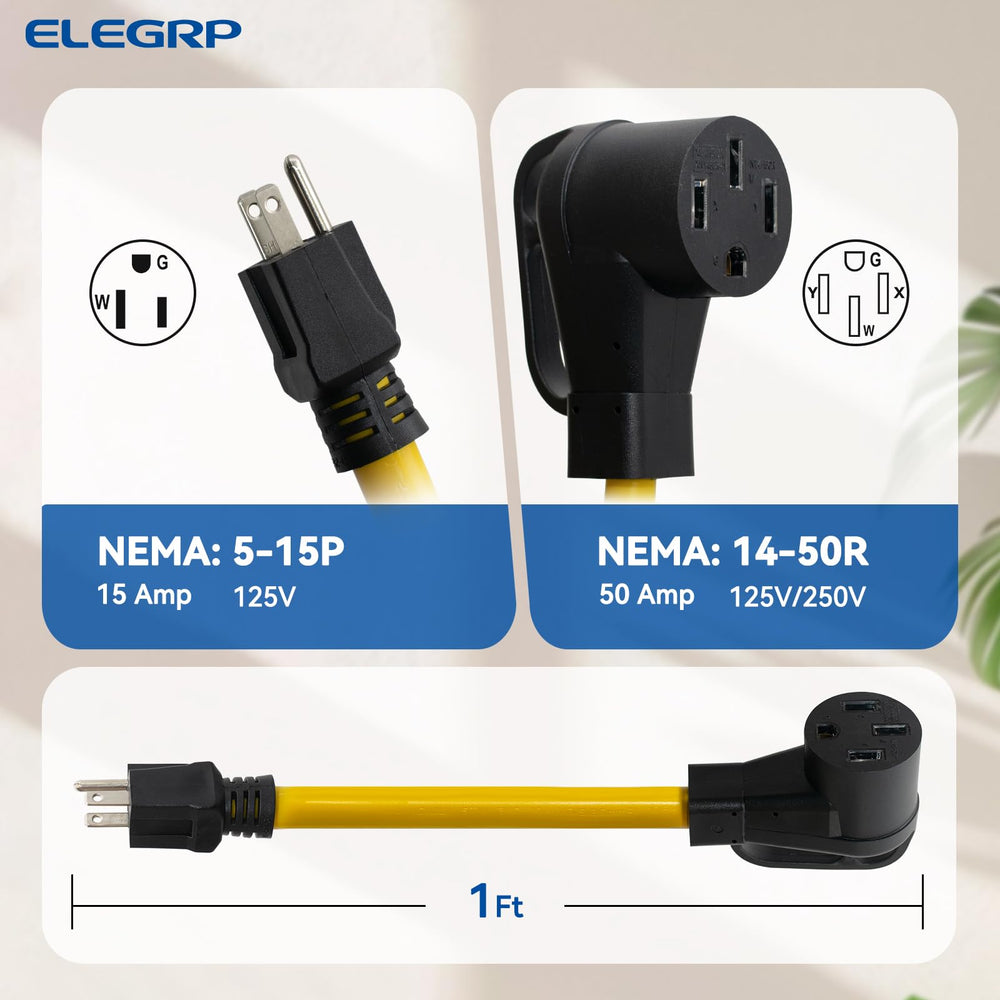ELEGRP NEMA 5-15P to 14-50R dogbone adapter enabling RV power at home