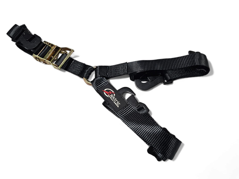 Elektric Offroad Designs 2-inch XL ratchet in action on a heavy-duty tie-down.