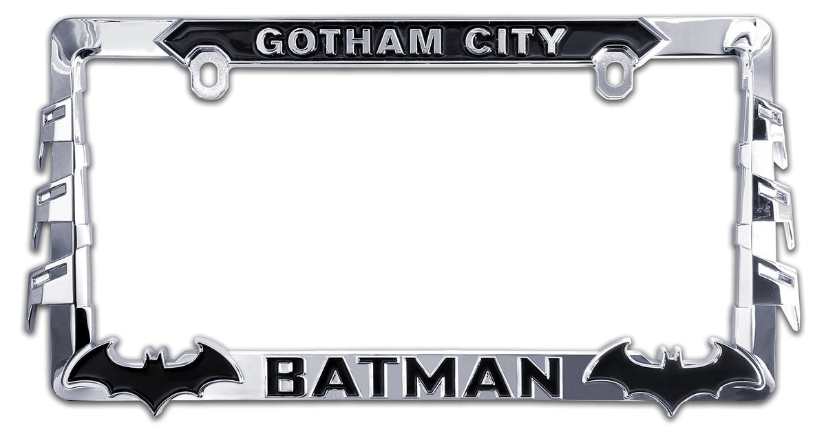 Elektroplate Batman chrome plate frame front view showcases bold, durable chrome finish.