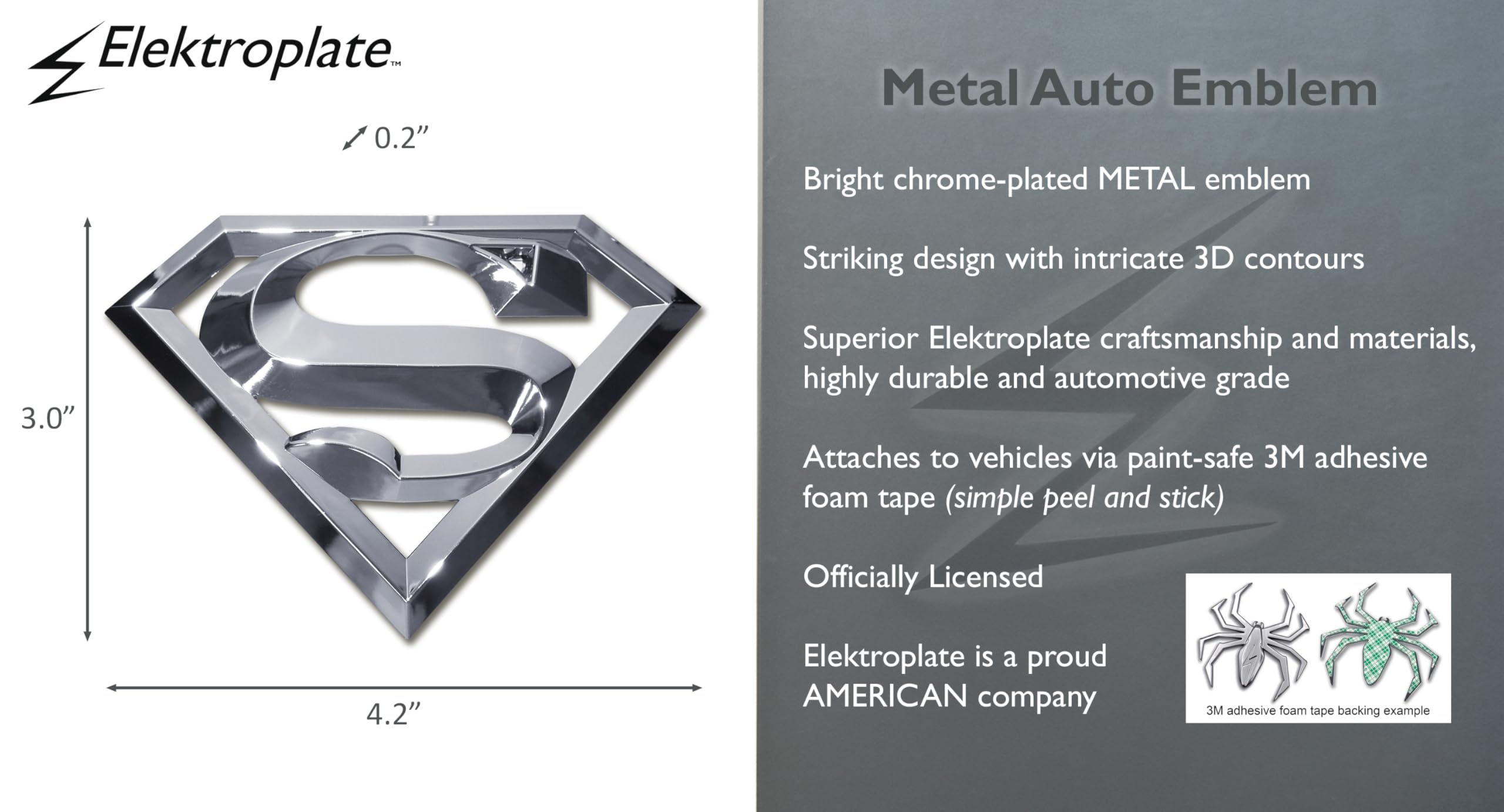 Elektroplate Superman chrome emblem endures weather and car washes with lasting shine