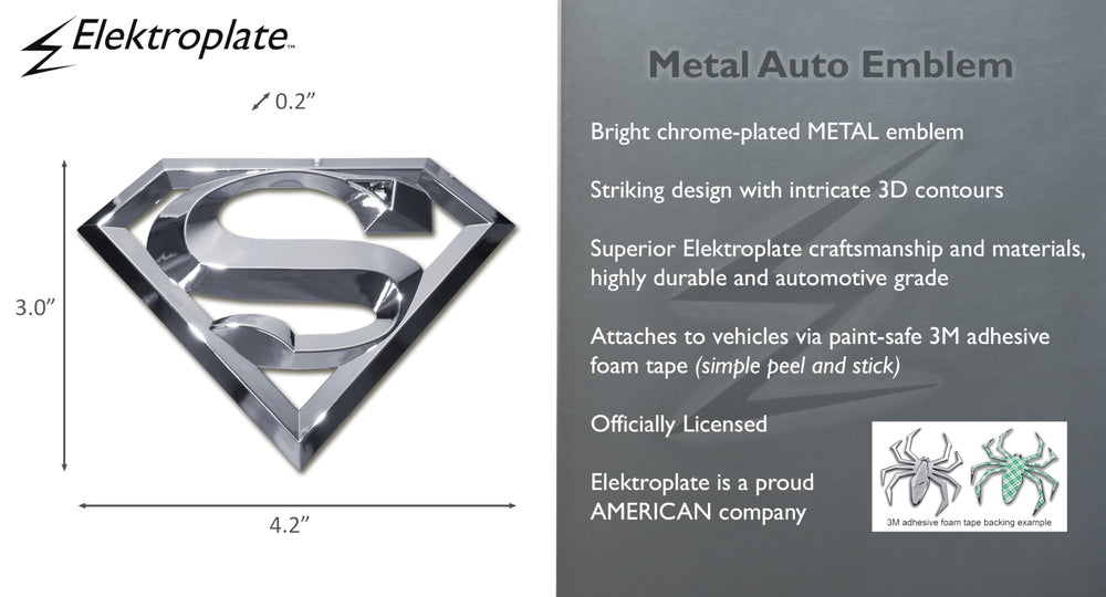 Elektroplate Superman chrome emblem endures weather and car washes with lasting shine