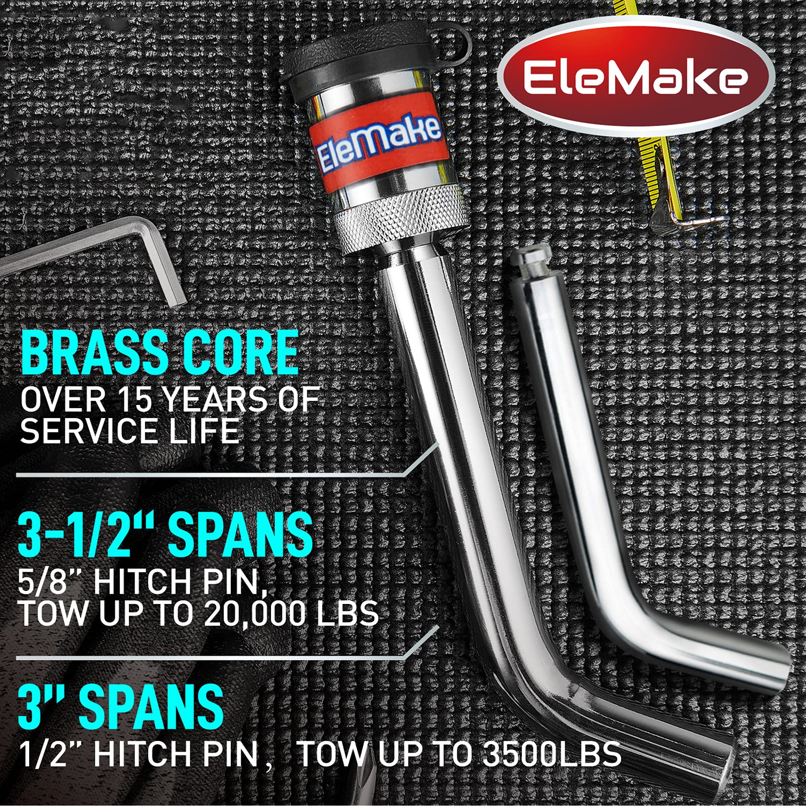 Elemake hitch lock dual pins provide versatile Class I–V compatibility.