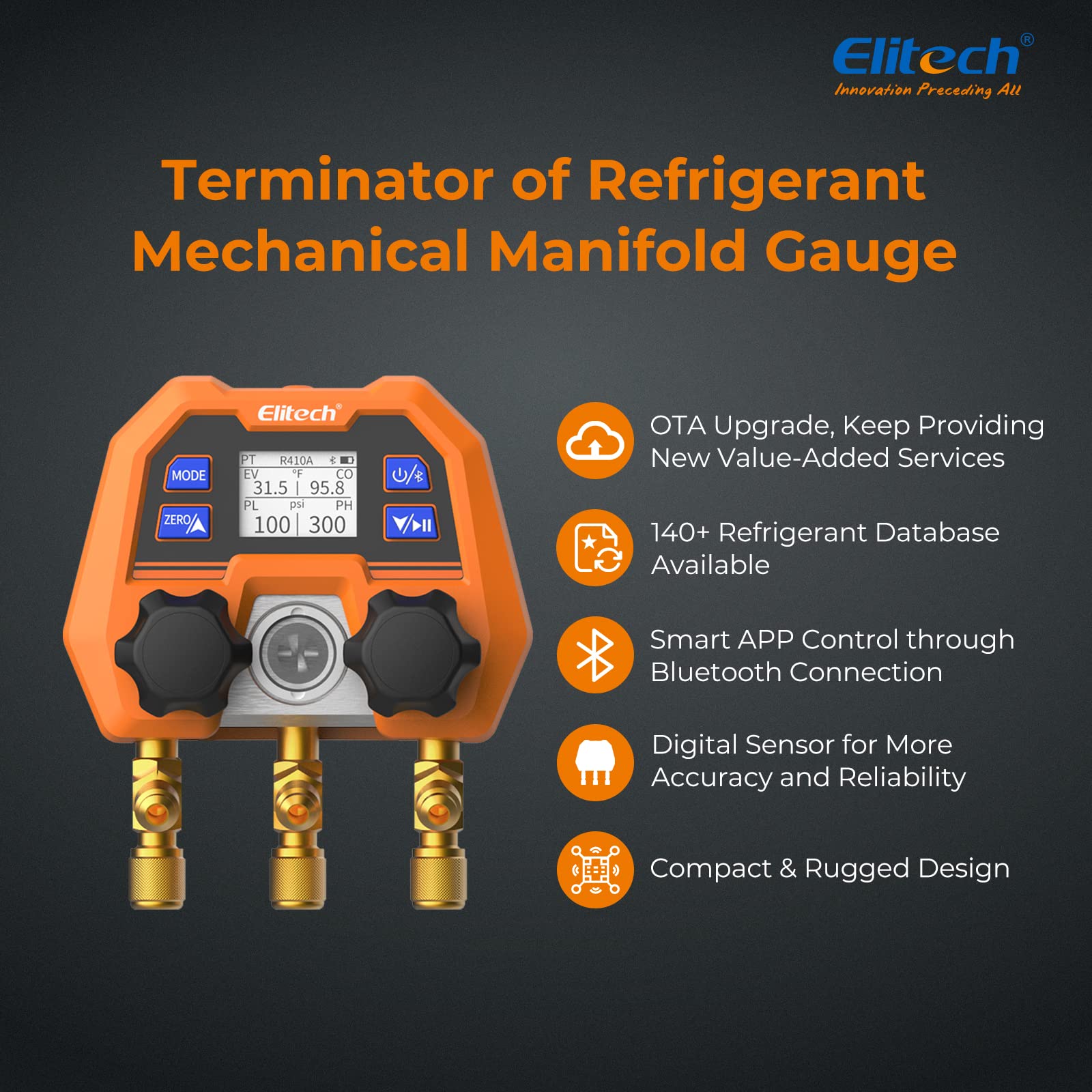 Elitech DMG-4B PT mode readings show evaporation and condensation temperatures.