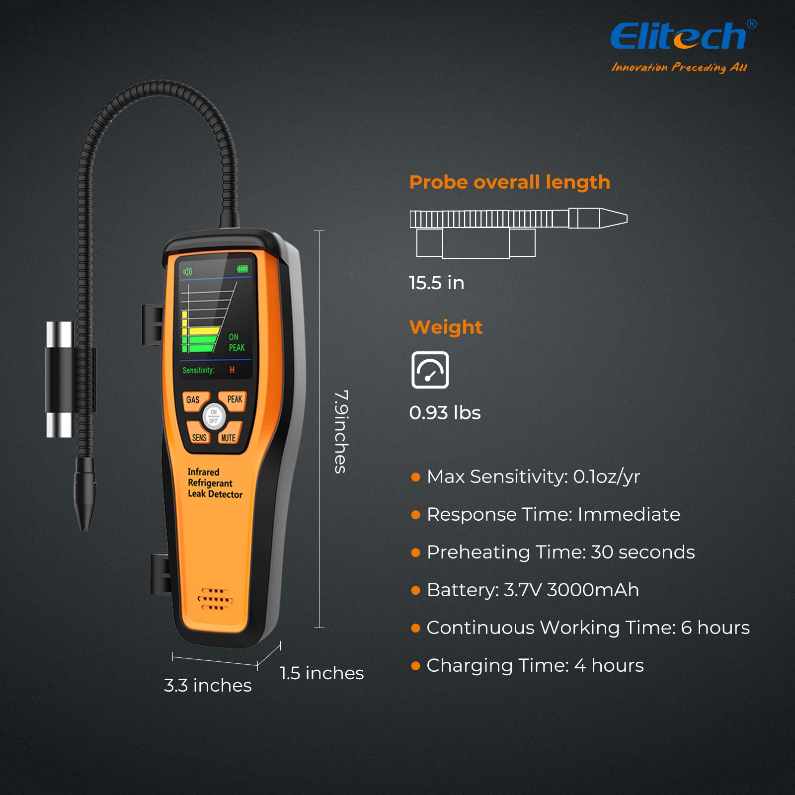Elitech HVAC leak detector detects halogenated refrigerants for comprehensive checks.