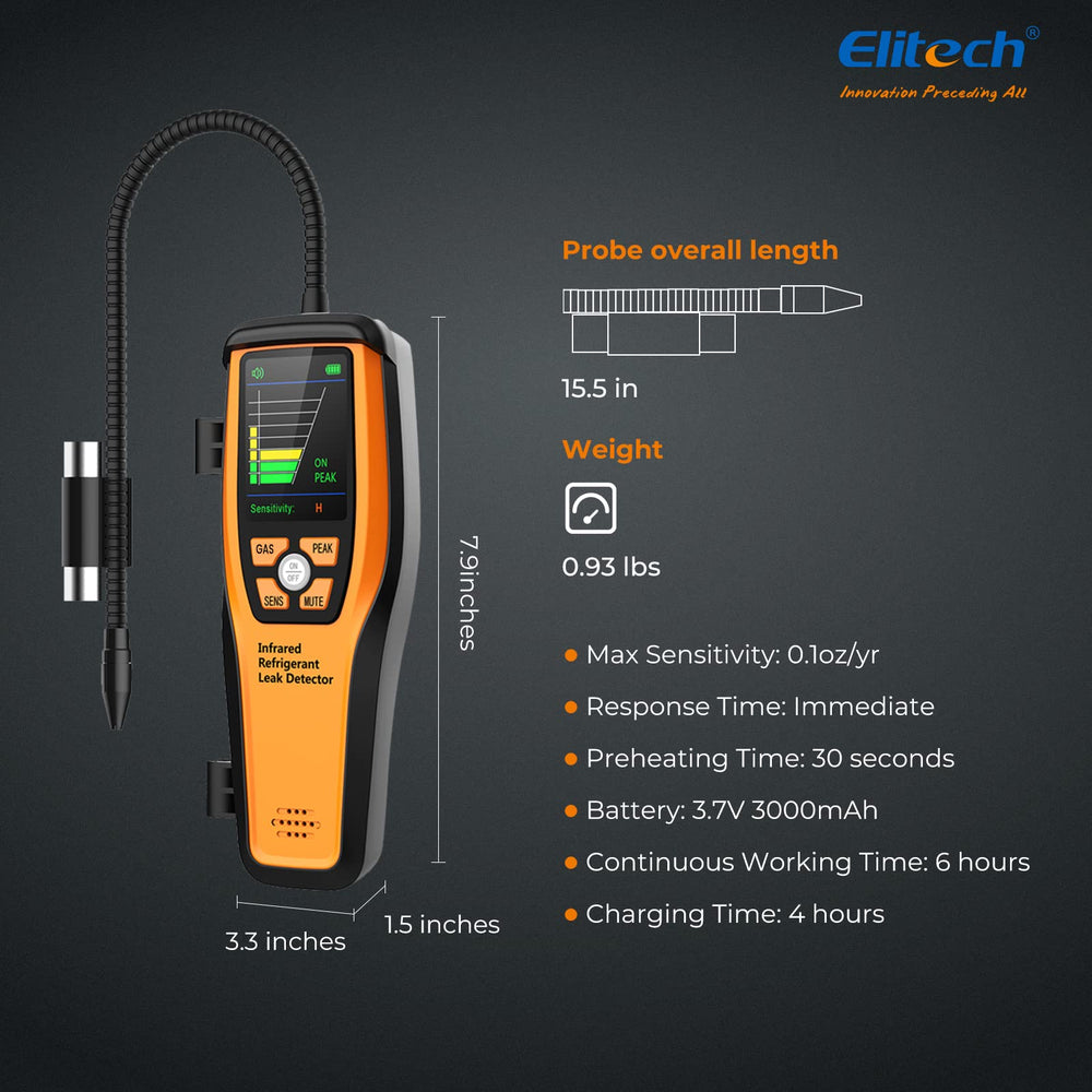 Elitech HVAC leak detector detects halogenated refrigerants for comprehensive checks.
