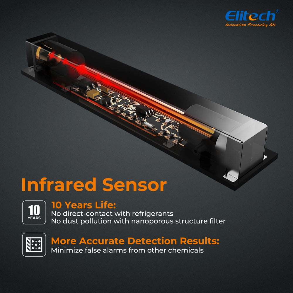 Elitech HVAC leak detector front buttons simplify quick sensitivity adjustments.