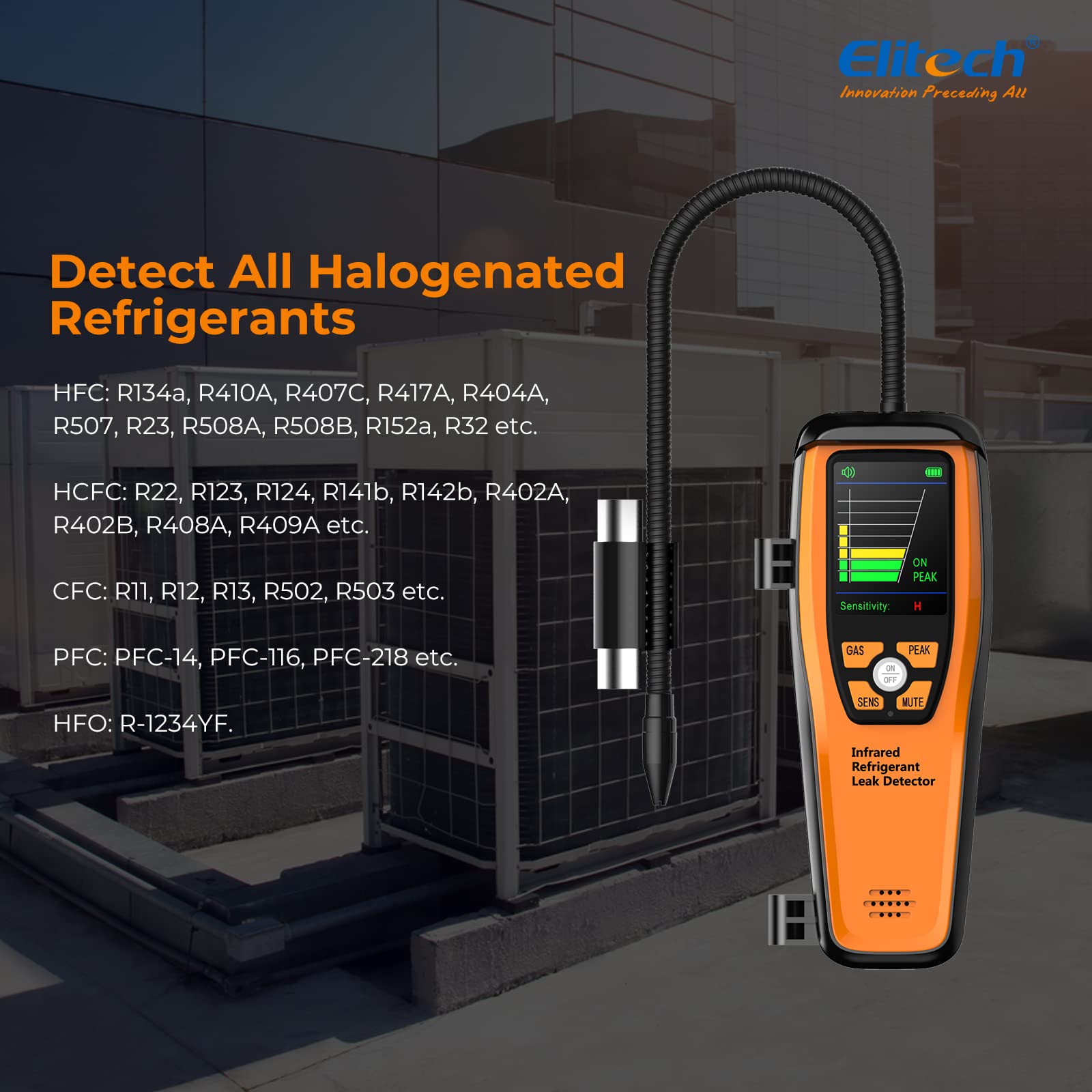 Elitech HVAC leak detector 10-year infrared sensor promotes long-term reliability.