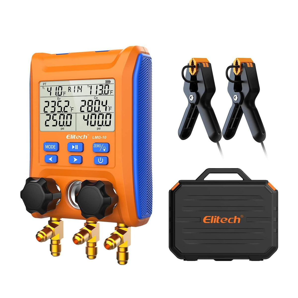 Elitech LMG-10 digital manifold display shows real-time pressure readings for fast diagnostics.