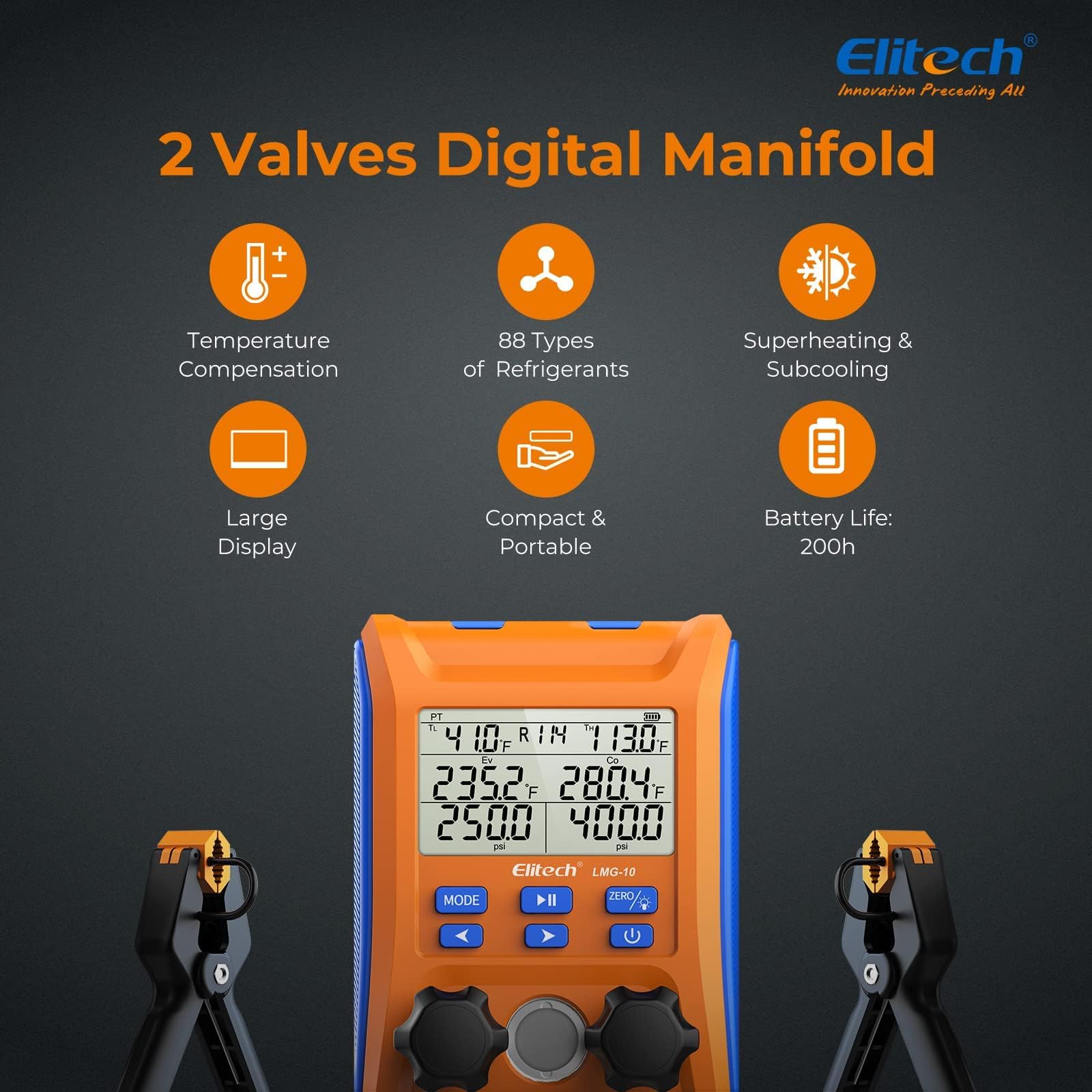 Elitech LMG-10 thermometer clamps provide accurate temperature readings during service.