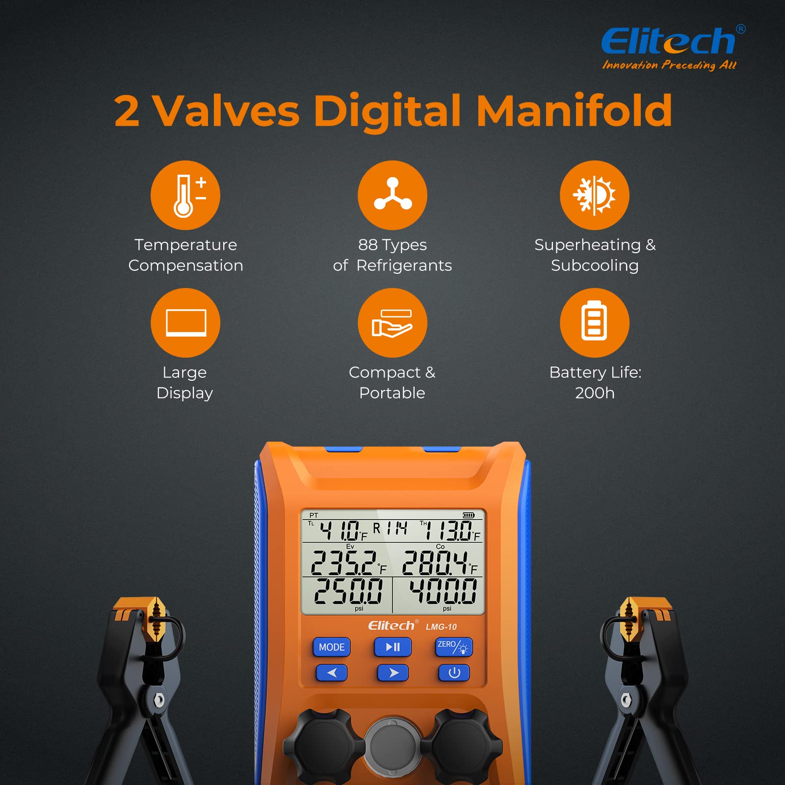 Elitech LMG-10Plus temperature clamps for accurate temperature compensation.