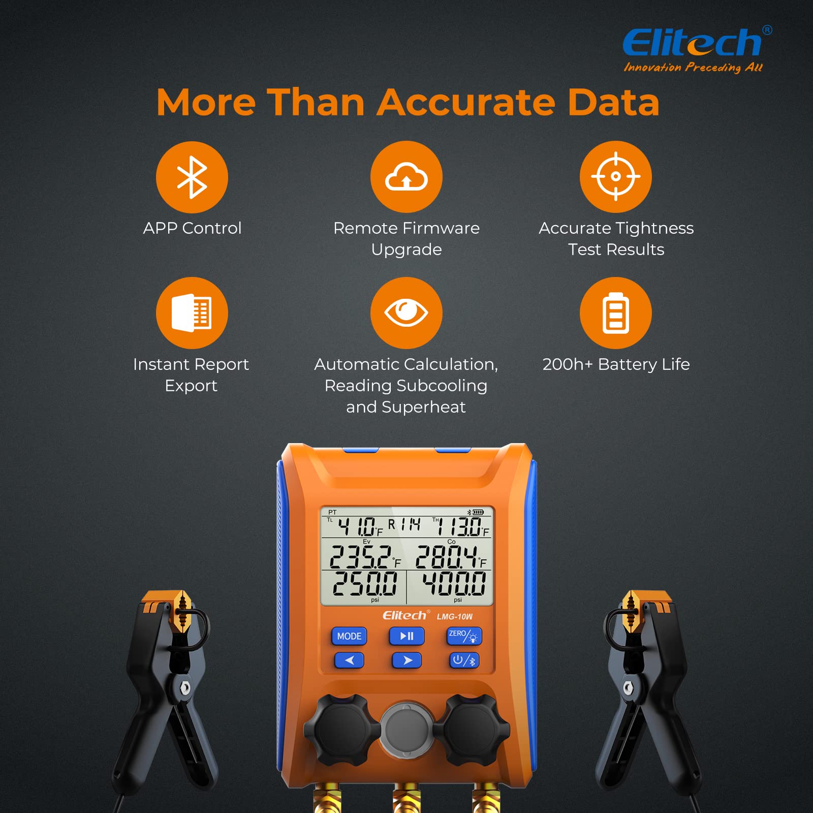 Elitech LMG-10W hoses and connectors ensure reliable connections during HVAC servicing.