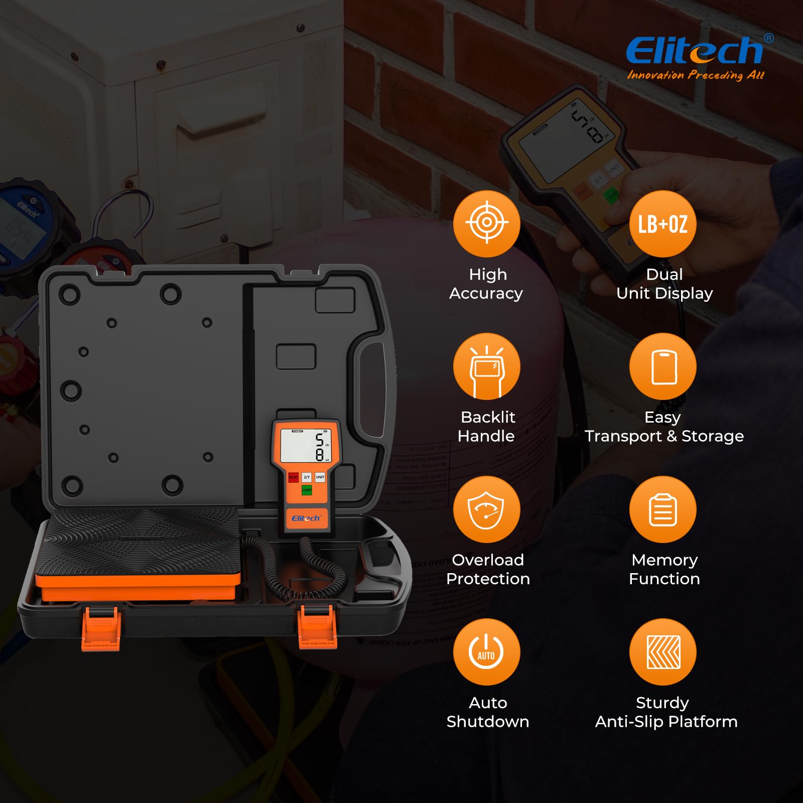 Elitech refrigerant scale side view highlighting portability for field work.
