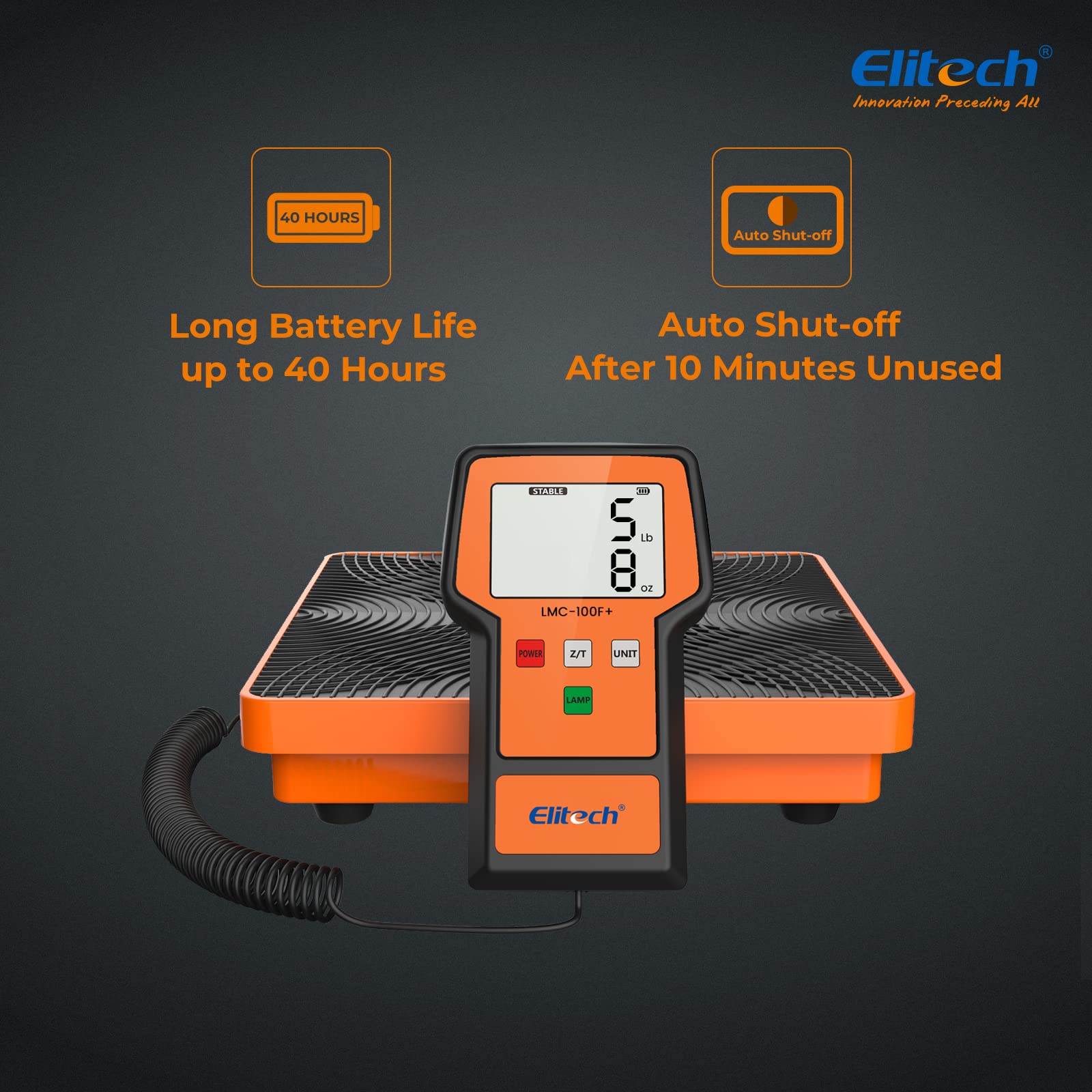 Elitech refrigerant scale backlit display for reading in dim conditions.