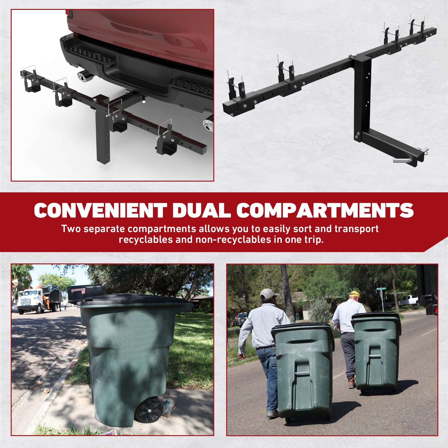 ELITEWILL dual trash can hauler rear view demonstrating stability.